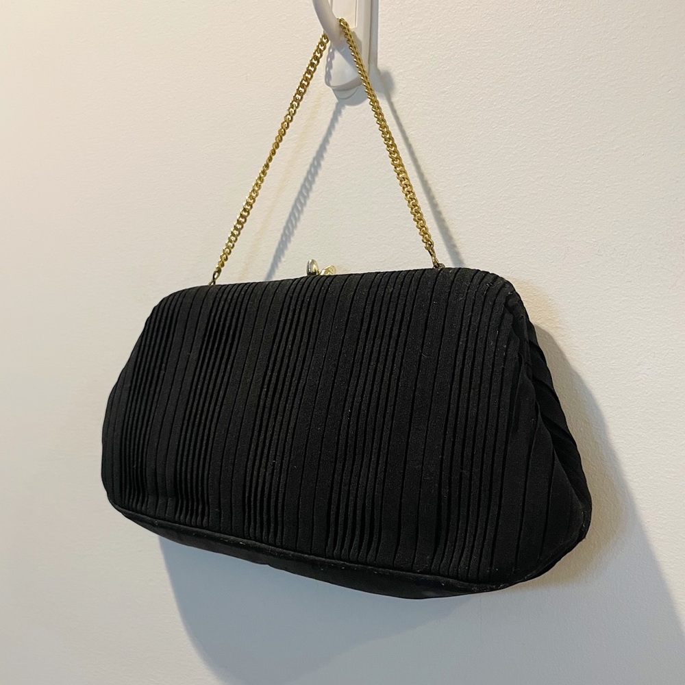 Vintage 50s HL USA Black Pleated Rayon Gold Twist Lock Top Handle Handbag